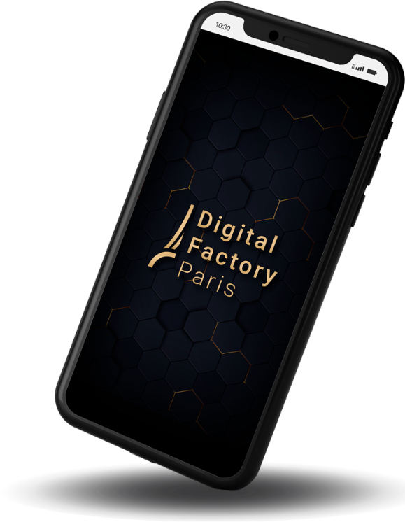 smartphone C'est la miniature d'un smartphone, affichant un écran de veille où l'on peut lire Digital Factory Paris.
